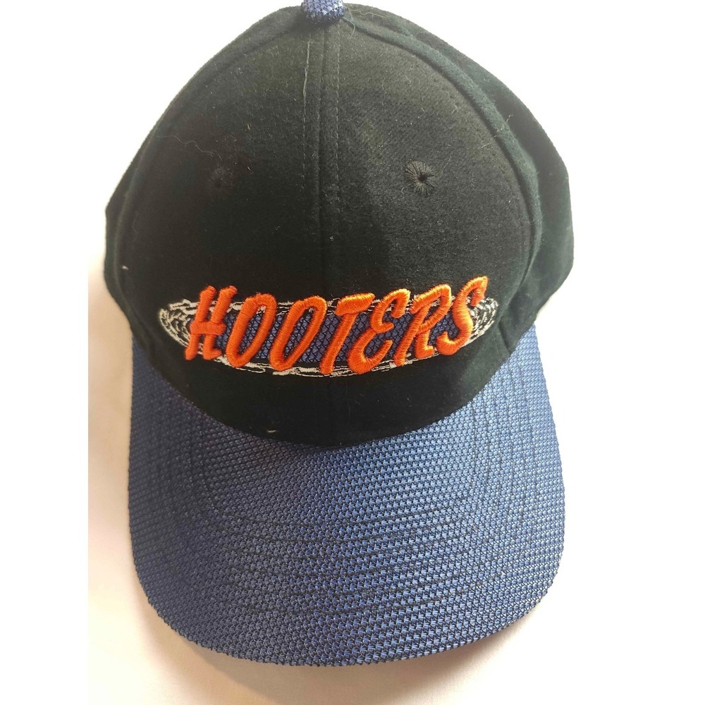 Vintage Hooters Kudzu Hat Mens Black Orange Logo Blue Mesh‎ Brim Adjustable Cap